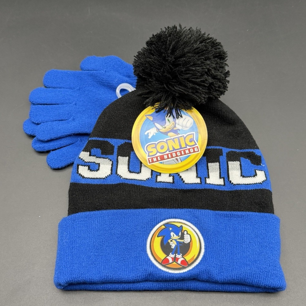 New Sonic The Hedgehog Beanie Hat Gloves Set One Size Boys Kids Winter Knit Cap